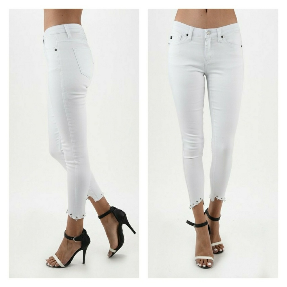 White skinny ankle jeans, embellished frayed hem